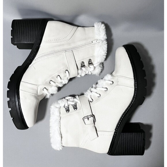 Espirit Leather Blend Chunky Zip Lace Up Boots Faux Fur Trim Sz 8.5 M - Picture 3 of 10